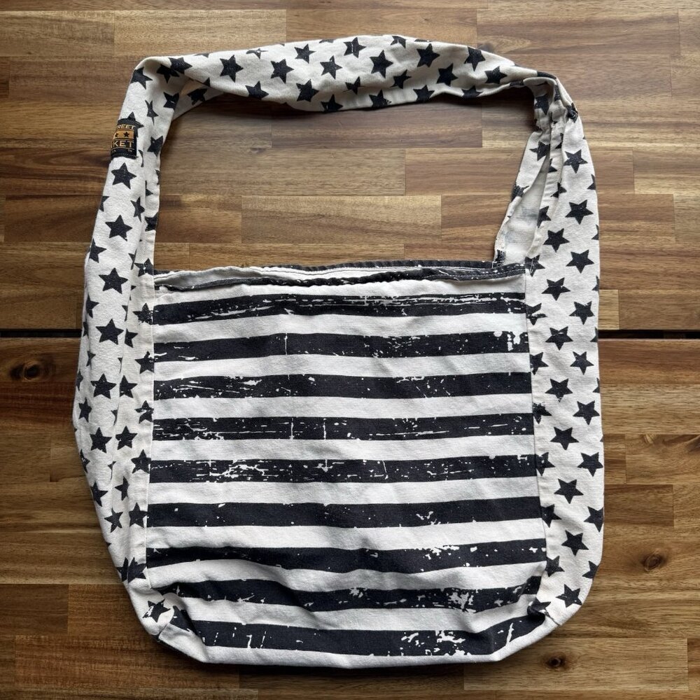 Vine Street Market USA Flag Black Canvas Tote Reusable Bag Market Groceries‎
